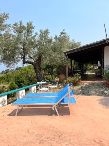 a blue bench sitting in front of a building at Giardino Di Sicilia in SantʼAgata di Militello