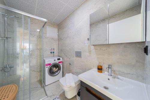 La salle de bains est pourvue d'un lavabo et d'un lave-linge. dans l'établissement Flat, à Antalya