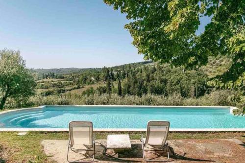 2 Stühle und ein Pool im Hof in der Unterkunft Isola del Pittore Fienile di Villa Storica in Grassina