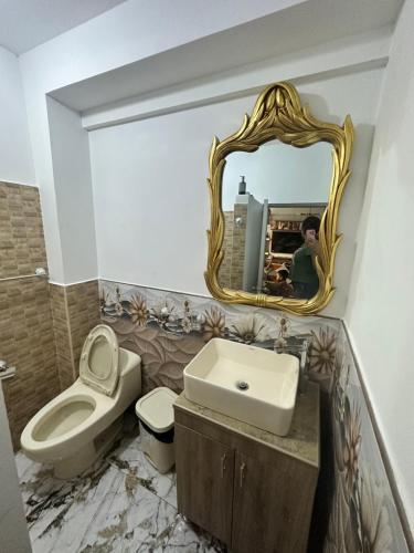 een badkamer met een wastafel, een toilet en een spiegel bij Abiro Danitza in La Merced