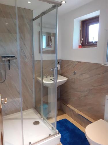 a bathroom with a shower and a sink at Tarnside Cottages in Brampton