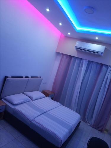 1 dormitorio con 1 cama con luces moradas y rosas en Jasmine rasort, en Sharm El Sheikh