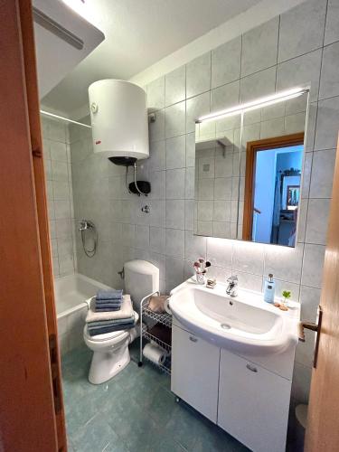 a bathroom with a sink and a toilet and a mirror at Beach House Buinac in Brist