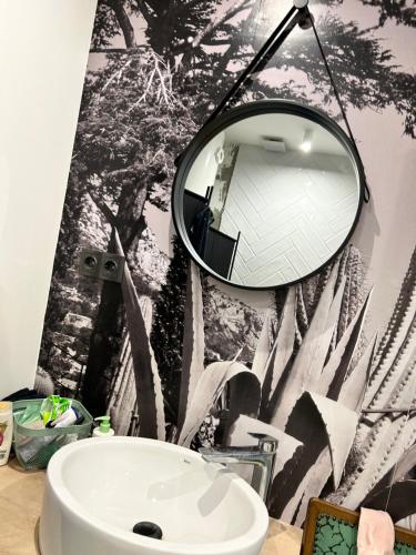 a bathroom with a mirror and a sink at Green and Grey 1503 in Szeged