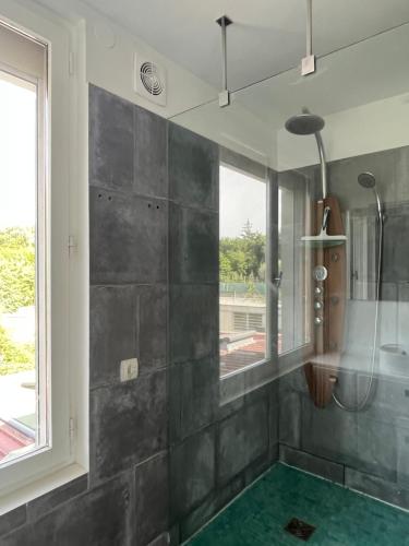 La salle de bains est pourvue d'une douche et d'une fenêtre. dans l'établissement Superbe appart, 15 min de paris, au calme, à Rosny-sous-Bois