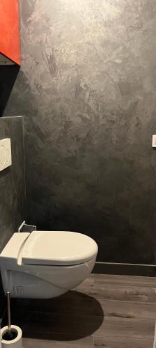 羅尼叢林的住宿－Superbe appart, 15 min de paris, au calme，浴室设有白色的卫生间和黑色的墙壁