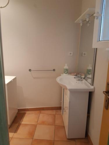 W łazience znajduje się biała umywalka i lustro. w obiekcie Apt en Luberon avec garage privé w Apt