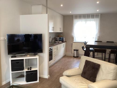 un salon avec un canapé blanc et une télévision dans l'établissement Appartement élégant idéal pour 2 personnes, à Walbourg