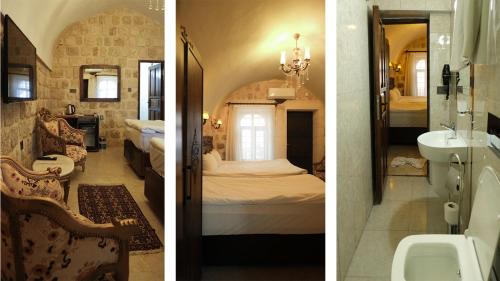 two pictures of a bathroom and a hotel room at zerzevan hotel in Mardin