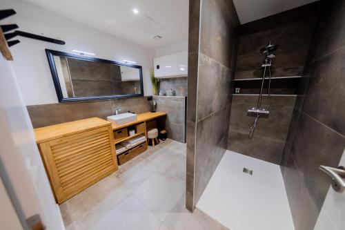 y baño con lavabo y ducha con espejo. en La maison du Port Apt MARSA, en Marseillan