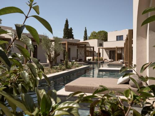 una piscina en una casa con plantas en primer plano en Pierros Verde, en Lithakia