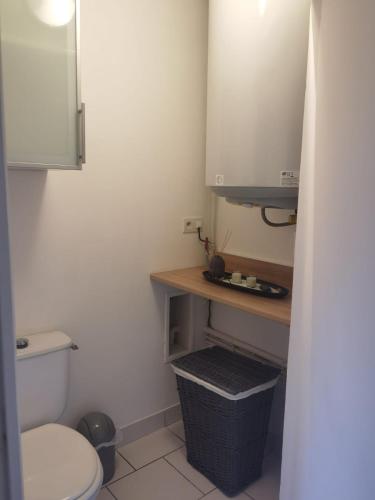une petite salle de bain avec toilettes et lavabo dans l'établissement Agréable T1 bis en bord de Loire, à Blois