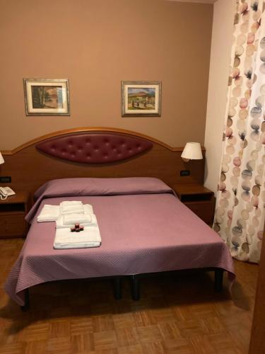 a bedroom with a large bed with a purple blanket at Hotel Banatium B&B Cucina in Tezze sul Brenta