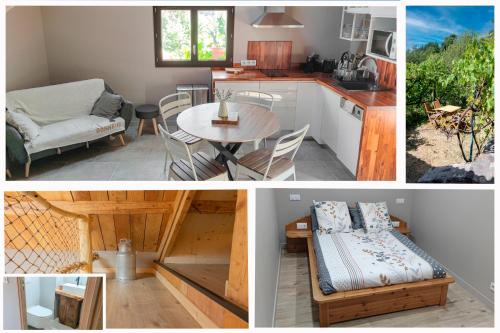 a collage of pictures of a kitchen and a dining room at La petite châtaigne in Valdeblore