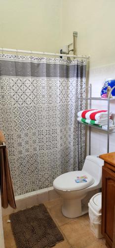a bathroom with a shower curtain and a toilet at Casa Yorba in Jacó