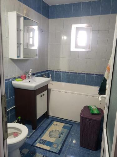 a bathroom with a sink and a toilet at Apartament 2 Camere in Roman