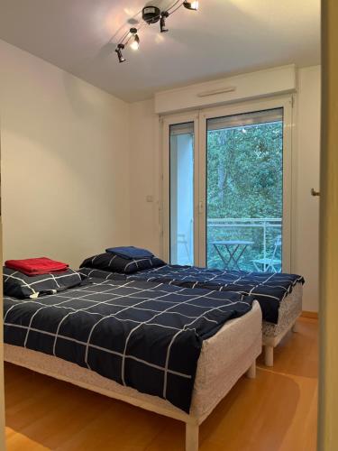1 Schlafzimmer mit 2 Betten und einem großen Fenster in der Unterkunft Kosly garden Robertsau in Straßburg