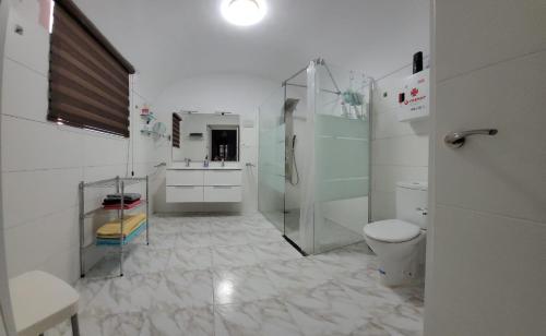 biała łazienka z prysznicem i toaletą w obiekcie CASA VASCO w mieście Jerez de los Caballeros