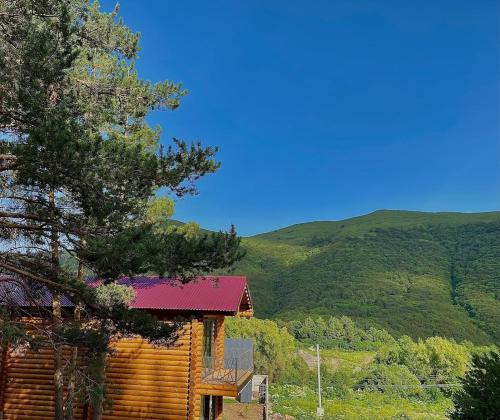 a log cabin with a red roof and mountains in the background at Arte Jermuk Cottages in Jermuk