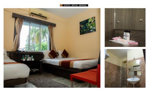 two pictures of a hotel room with two beds at Hotel Royal Bengal in Bolpur