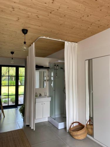 a bathroom with a shower and a glass door at de graslelie in Schoten