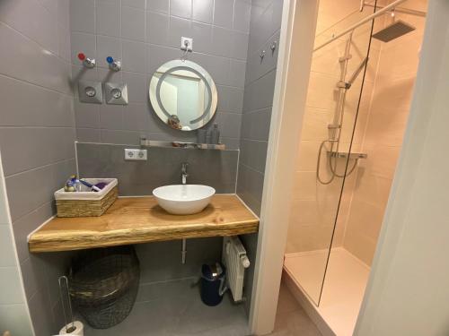 a bathroom with a sink and a mirror and a shower at New Apartment Leipzig Zentrum mit Tiefgarage in Leipzig