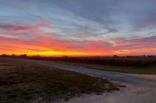 a country road with a sunset in the background at Gîte Le Saint Martin 1 - 4 pers. in Blaslay