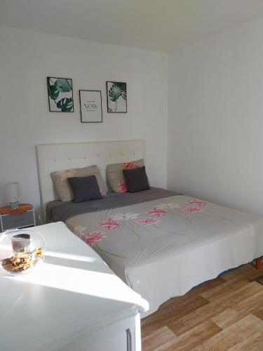Un dormitorio con una cama con flores. en Charmant appartement T2 parc JB Lebas, en Lille
