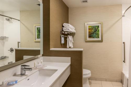 a bathroom with a sink and a toilet and a mirror at Fairfield Inn & Suites by Marriott Butte in Butte