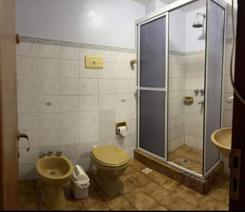 ein Bad mit einer Dusche, einem WC und einem Waschbecken in der Unterkunft Emy in Oberá