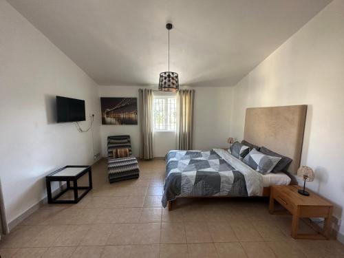 a bedroom with a bed and a tv in it at Villa De Alisha in Blue Bay
