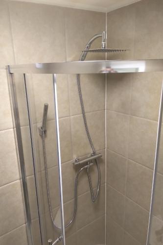a shower with a shower head in a bathroom at Leamington Park Studio with Parking in London