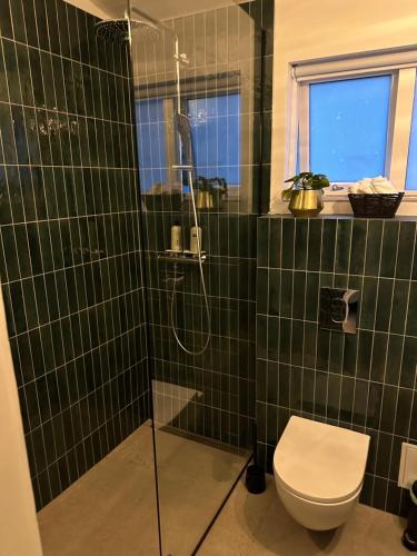 a green tiled bathroom with a toilet and a shower at Sudurgata in Hafnarfjörður