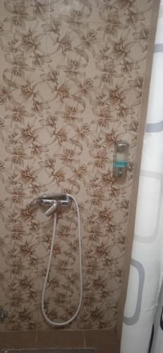 eine Dusche im Bad mit einer blumengeschmückten Wand in der Unterkunft Mikassa room in Niš