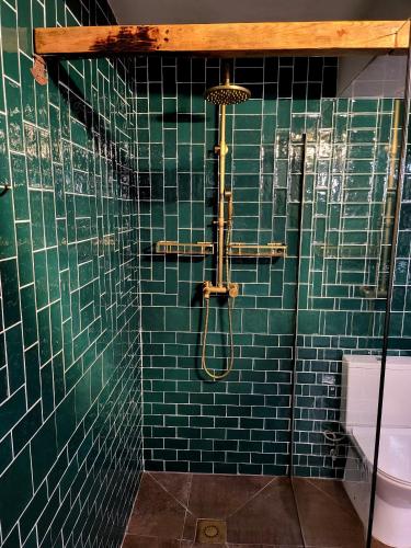 a green tiled bathroom with a shower and a toilet at Casa de Koras in Cullera