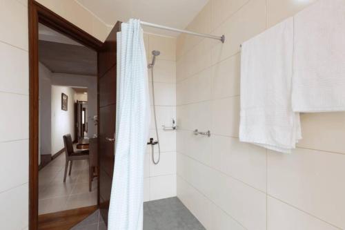 W łazience znajduje się prysznic z zasłoną prysznicową. w obiekcie Penthouse with terrace at the Old City w mieście Montevideo
