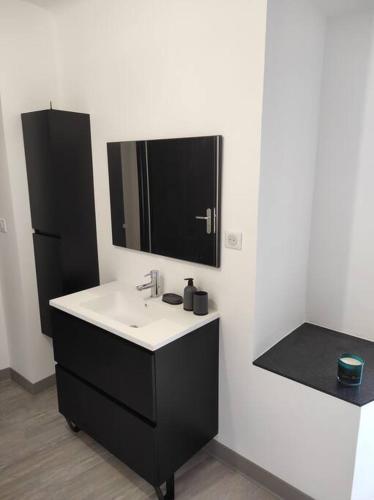 une salle de bain avec un lavabo et un miroir dans l'établissement Maison de village avec exterieur, à Lambesc