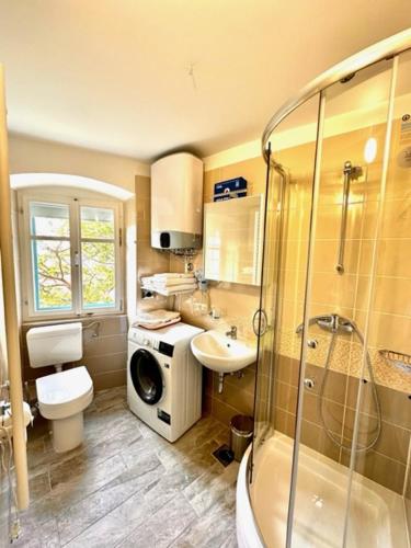 a bathroom with a sink toilet and a shower at APARTMANI NAD VOLTUN in Kastav