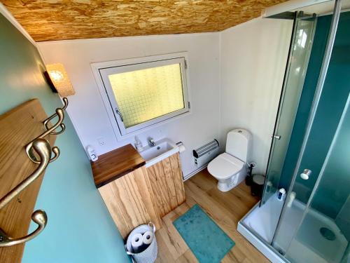 a small bathroom with a toilet and a shower at Cozy Tiny House on a farm in Skibby