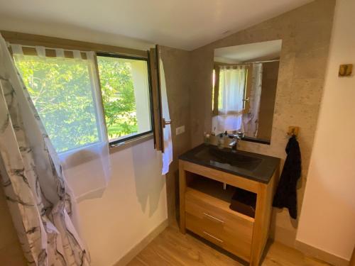 une salle de bain avec un lavabo, un miroir et une fenêtre dans l'établissement Apatam-Montigny, bord du Loing, à Bourron-Marlotte