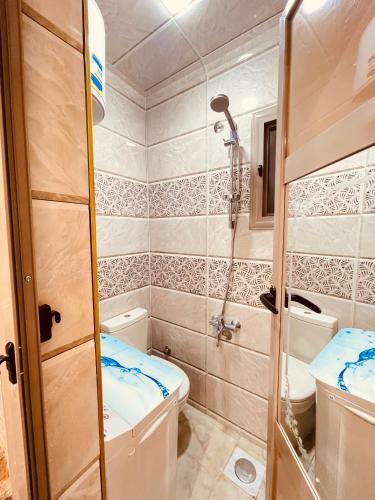 małą łazienkę z toaletą i umywalką w obiekcie El Mansour Hotel apartmen 74 w mieście Al-Mansura