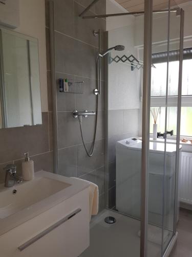 a bathroom with a shower and a sink at Ferienwohnung Wahlich in Idar-Oberstein