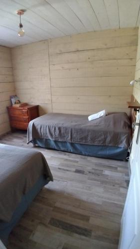 una habitación con 2 camas en una cabaña en Domaine des Terres du Milieu / Gîte de cul de sac, en Châteldon
