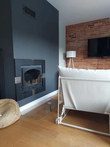 a living room with a fireplace and a bed at VILLA DANUTA- WISELKA, direct at National Park, big garden, 4 bedrooms, private SAUNA in Wisełka