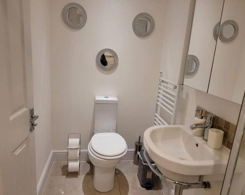 a white bathroom with a toilet and a sink at Cozy Central One Bedroom Flat in Reading