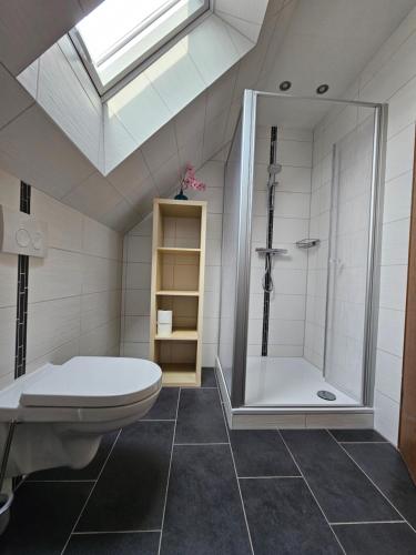 a bathroom with a shower and a toilet and a sink at Ferienwohnung Mond&Wasser 2 in Norden