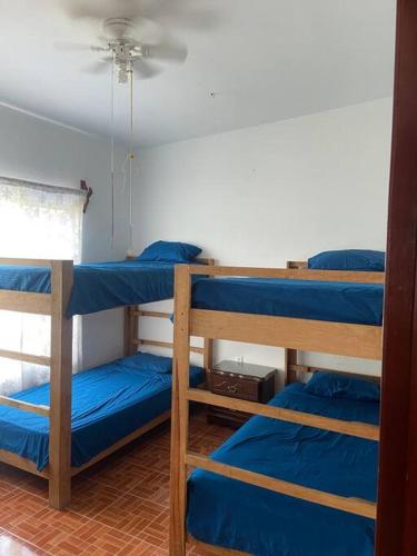 Cette chambre comprend 3 lits superposés avec des draps bleus. dans l'établissement A big house for a big time., à La Joya