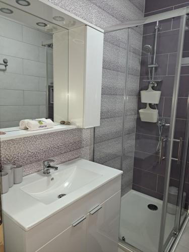 een badkamer met een wastafel en een douche met een spiegel bij Apartman PIK in Karlobag