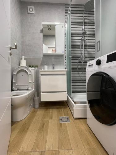 y baño con lavadora y ducha. en STELLA Appartment, en Novi Sad