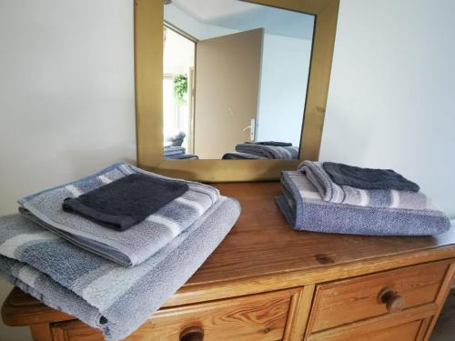 ein Badezimmer mit Handtüchern auf einer Holzkommode mit einem Spiegel in der Unterkunft Gîte du pont tournant in Torcy